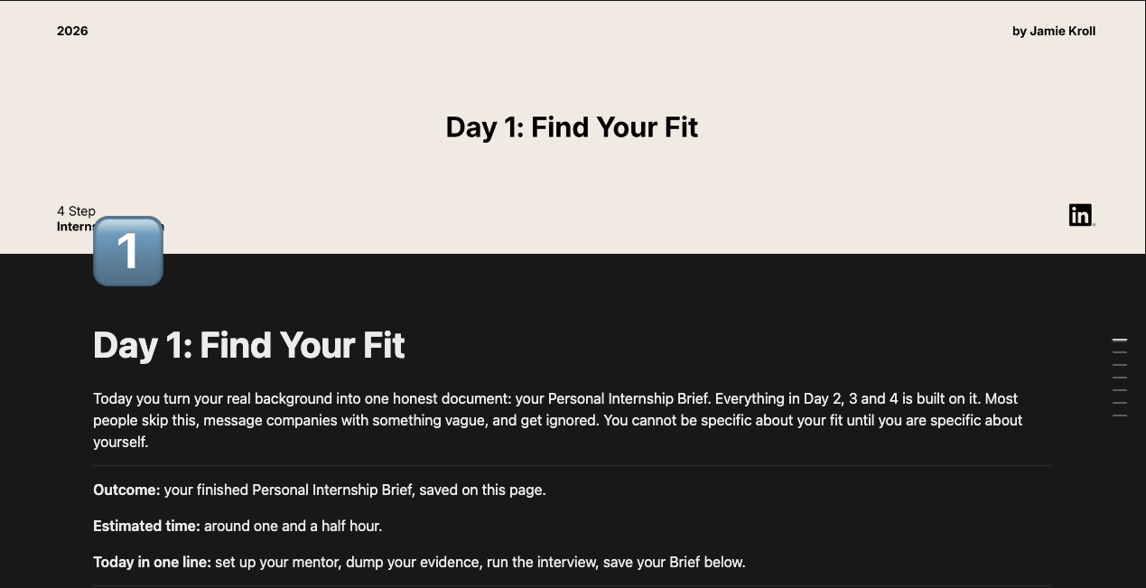 Screenshot of the Day 1: Find Your Fit Notion page from the Intern in Asia system